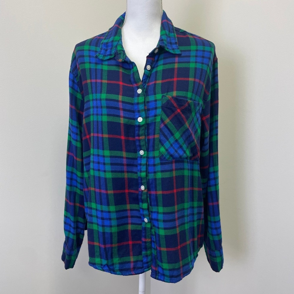 Aerie Womens Blue Green Plaid Flannel Button Down Shirt Size Medium Long Sleeve